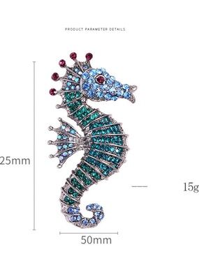 Seahorse Crystal Brooch Pin in Blue & Green